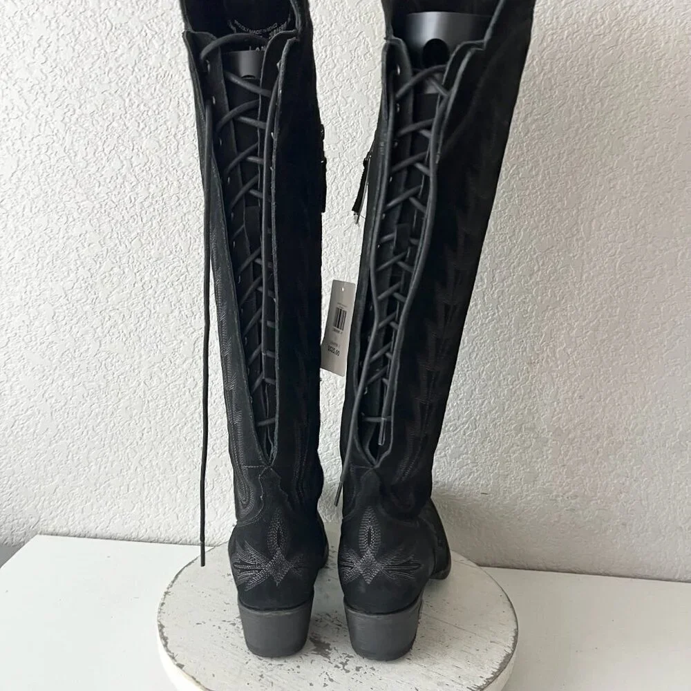Lane LEXINGTON Over the Knee Cowboy Boots Black Suede Western Tall Snip Toe 7